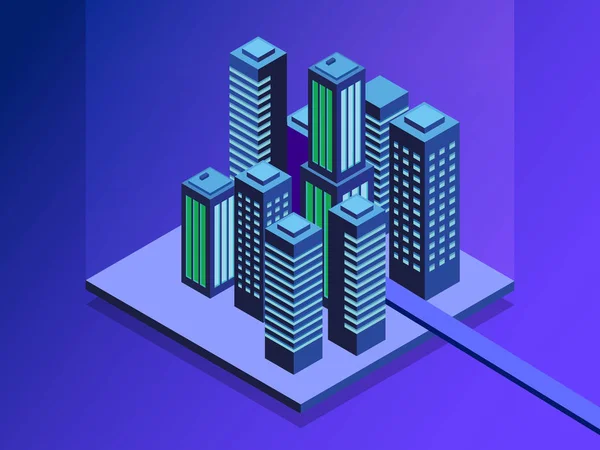 Smart city isometric illustration. Intelligent buildings. Streets of the city connected to computer network. Internet of things concept. Business center with skyscrapers. Eps 10 — Stock Vector