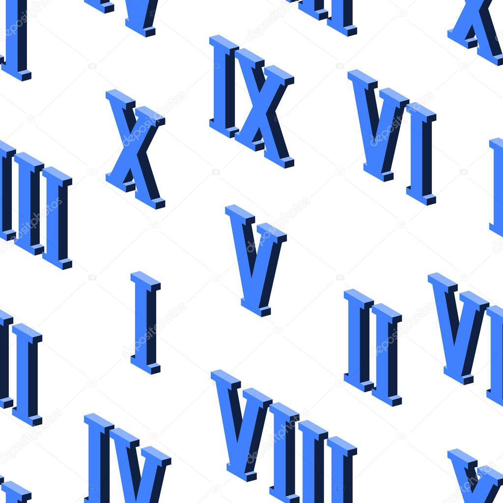 Seamless background pattern with blue isometric Roman numerals on a white. Vector Illustration EPS