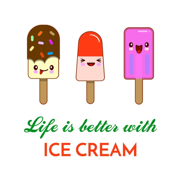 Ilustracja lody kreskówka. artystycznego rysunku emotikon żywności. Lato wyciągnąć deser i cytat życia jest lepszy z lodami na białym tle — Zdjęcie stockowe