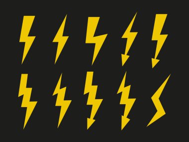 Sarı şimşek simgeleri ayarlanır. Siyah backgound Eps vektör sembolleri toplama