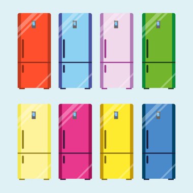 Buzdolabı seti, mutfak ekipmanları. Buzdolabı serin tutmak için, yiyecek saklamak ve taze içecek için cihaz. Vektör düz stil karikatür illüstrasyon beyaz arka plan, farklı renkler Eps izole