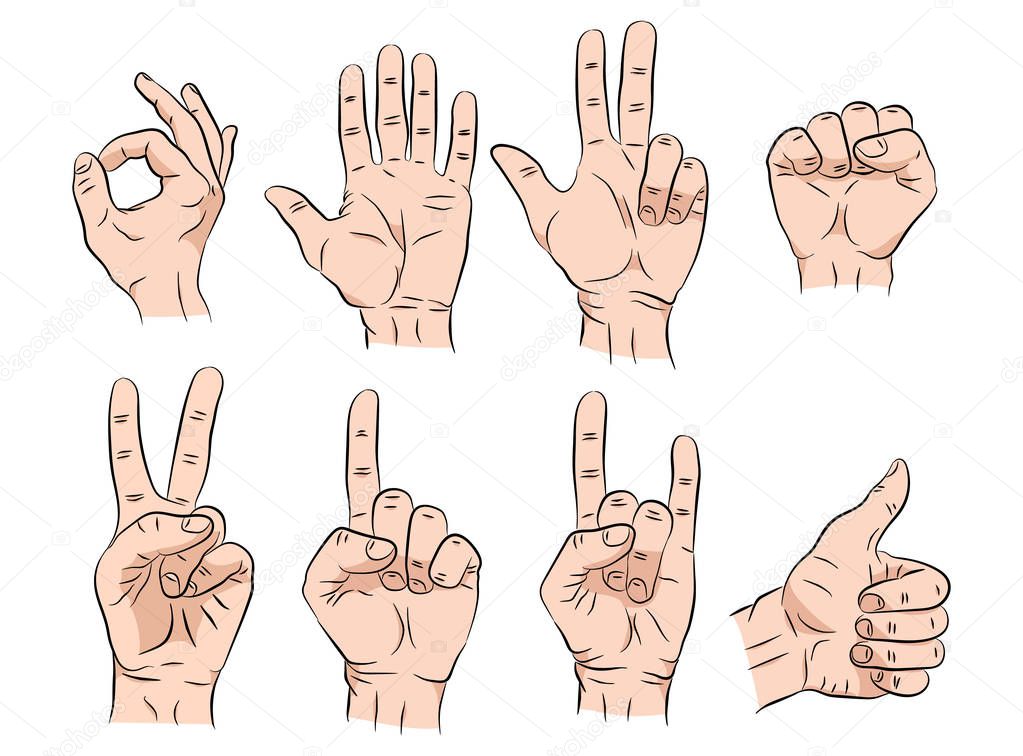 Set of hands sketch in different gestures emotions and signs on white background isolated vector illustration EPS