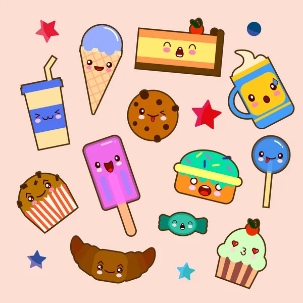 Doodle Tatlılar Şirin Vektör Çizimleri Mutlu Yemek Duygular Çıkartmalar