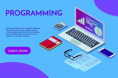 Programlama konsepti, iş yerinde web mühendisi, vektör görüntüleri. Programcı programlama web sitesi açılış sayfası şablonu. Biyometrik insanlar, vektör tasarımı. Eps