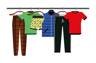 Askı Seti Üzerinde Giyim ile Giysi Rafları. Beyaz arka plan Düz tasarım Eps vektör izole illüstrasyon