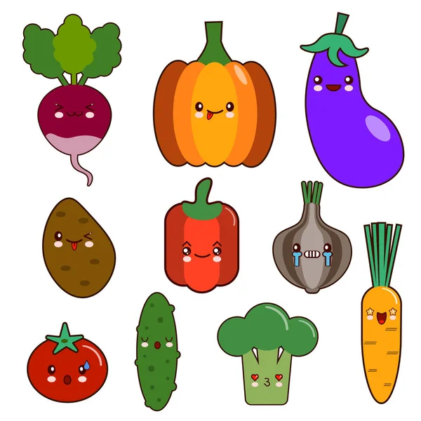 Conjunto de verduras sonriente cara kawaii personajes. pimienta, tomate, ajo, cebolla, chile, papa, pepino Diseño plano Vector Ilustración — Vector de stock