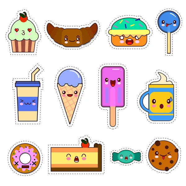 Doodle Tatlılar Şirin Vektör Çizimleri Mutlu Yemek Duygular Çıkartmalar