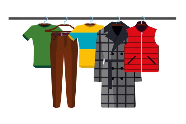 Kleding rekken met slijtage op Hangers Set. Vlakke designstijl. Vectorillustratie van man draagt Eps — Stockvector