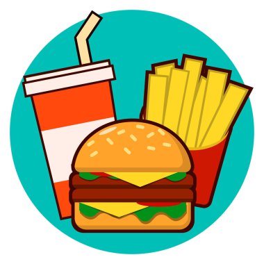 Karikatür fast food açılan - hamburger, patates kızartması, arka planda izole soda illüstrasyon