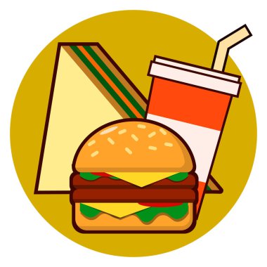Karikatür fast food açılan simgesi - hamburger, sandviç, arka planda izole soda illüstrasyon