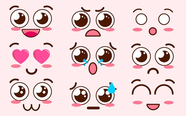Συλλογή από χαριτωμένα όμορφη kawaii emoticon emoji Doodle πρόσωπο κινουμένων σχεδίων, χαμόγελο, ευτυχής, κλείσιμο του ματιού, ενθουσιασμένος, υπνηλία, ψύχρα, φιλί, τρελό, γλυκό σε παιδικό στυλ manga κινουμένων σχεδίων - Vector file EPS10 — Διανυσματικό Αρχείο