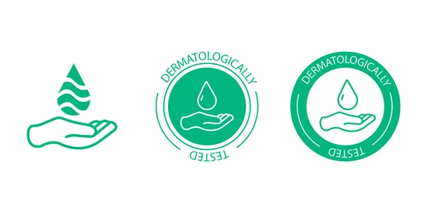 Su damlası, yaprak ve el logosuyla dermatolojik olarak test edilmiş vektör etiketi. Dermatoloji testi ve dermatolog alerji içermeyen ve sağlıklı ürünler için klinik olarak kanıtlanmış bir ikon EPS