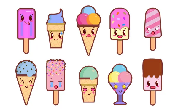 Conjunto de lindos helados de dibujos animados sobre fondo blanco en estilo japonés kawaii. Diferentes iconos. ilustración vectorial EPS — Vector de stock