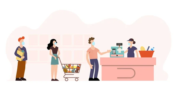 Customers Characters in Medical Masks Stand in Line at Grocery with Goods in Shopping Trolley Keeping Distance Put Buys on Cashier Desk during Covid19 Pandemic. 카툰 사람들 Vector Illustration EPS — 스톡 벡터