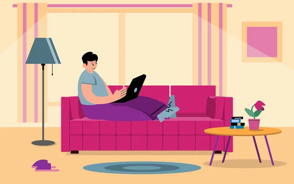 Μείνετε και να εργαστούν από το σπίτι έννοια. Ο άνθρωπος κάθεται στον καναπέ και εργάζεται online σε φορητό υπολογιστή. Ιός του Coronavirus, καραντίνα ή απομόνωση. Επίπεδη διανυσματική απεικόνιση στο άνετο εσωτερικό με φυτά EPS — Διανυσματικό Αρχείο