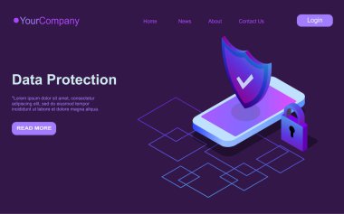 Mobil güvenlik modern konsept. Akıllı uygulama akıllı telefonu hırsızlıklardan ve hacker saldırılarından korur. Otomatik koruma teknolojisinin interneti. Vektör çizimi. Not: