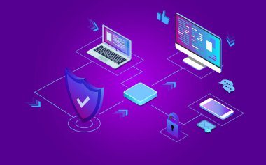 Isometric Güvenlik Veri Koruma Konsepti. Bulut ağındaki sunucu bilgisayarı Tablet Telefon Laptop 'u izliyor. Vektör çizimi. EPS