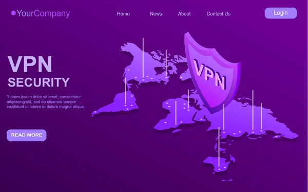 Concepto de conexión VPN segura. Ilustración isométrica vectorial en colores ultravioleta. Descripción general de la conectividad de red privada virtual. EPS — Vector de stock