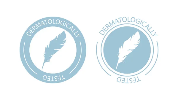 Dermatologicky testované logo. Vektorové pírko ikony hypoalergenního obalu etikety nebo dermatologické testovací značky pro citlivou pleť dětského kosmetického pleťového mléka nebo výrobků pro péči o pleť a tělesnou péči EPS — Stockový vektor