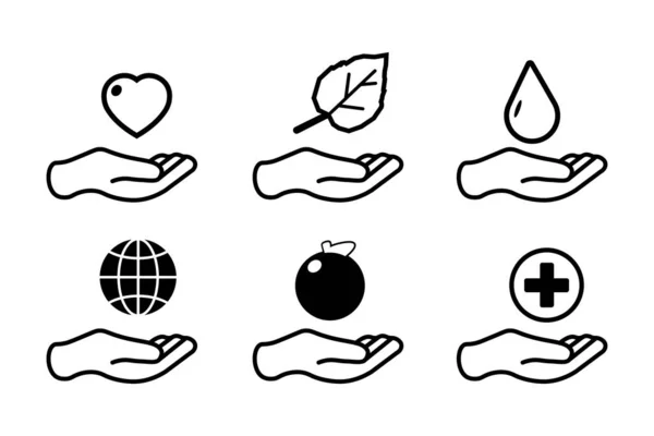 Sosteniendo iconos establecidos. Conjunto de 6 iconos que sostienen el contorno como corazón, gota de agua, mano con hoja, globo en la mano, manzana, ayuda eps — Vector de stock