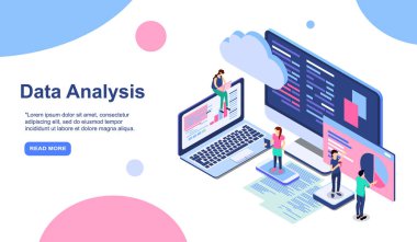Veri analizi modern düz tasarım izometrik konsept. Analitik ve insan kavramı. İniş sayfası şablonu. Web ve grafik tasarımı için kavramsal izometrik vektör çizimi. EPS