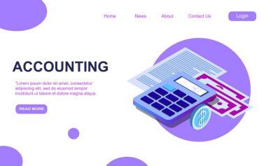 Muhasebe ve denetim izometrik iniş sayfası şablonu. Mali analiz raporları Danışmanlık hizmetleri web sitesi tasarım düzeni EPS