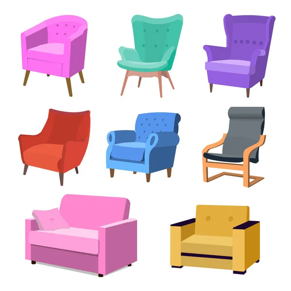 Комплект современного красочного мягкого кресла с обивкой. Кресла для игр по дизайну комнат. Мягкая мебель, отделка комнат, дизайн интерьера изолирован на белом. Векторная иллюстрация плоского стиля. EPS — стоковый вектор