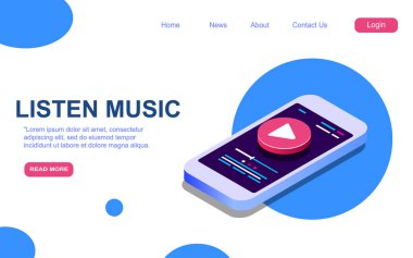 Modern vektör 3d izometrik çizim. Web sitesi veya mobil müzik sitesi için kapak konsepti, uygulama. İniş sayfası şablonu. EPS