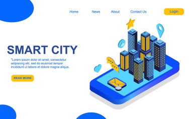 Web sitesi ve mobil web sitesi için Smart City 'nin modern düz tasarım izometrik konsepti. İniş sayfası şablonu. Düzenlemek ve kişiselleştirmek kolay. Vektör illüstrasyonu EPS