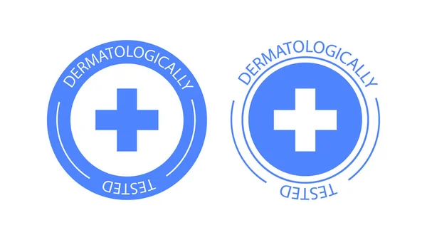 Dermatologicky testované logo vektorového štítku. Dermatologický test a dermatolog klinicky ověřená ikona pro alergie zdarma a zdravý bezpečný produkt balení tag EPS — Stockový vektor