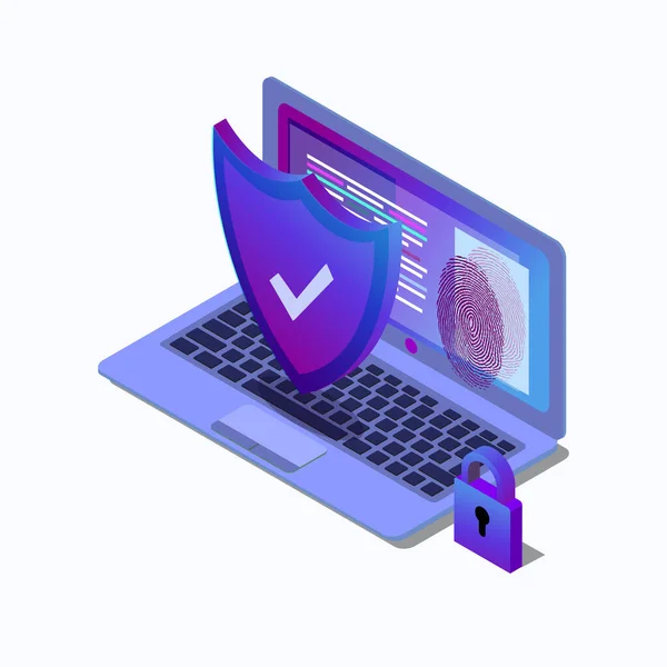 Icono isométrico de ciberseguridad, concepto de seguridad de datos, red informática protegida, escudo con computadora portátil, computación en nube de seguridad, sistema de procesamiento de datos, vector EPS — Archivo Imágenes Vectoriales