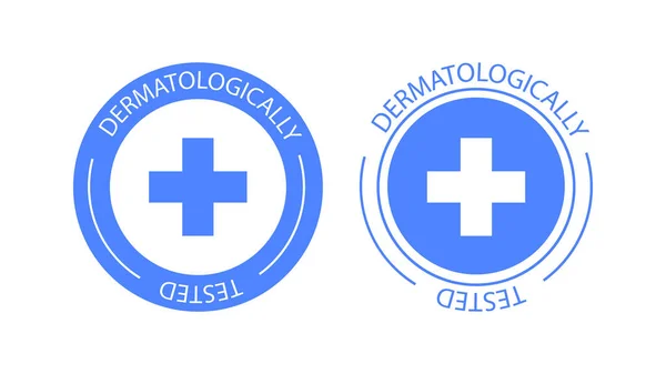 Logo d'étiquette vectorielle testé dermatologiquement. Test dermatologique et dermatologue icône cliniquement prouvée pour l'étiquette d'emballage de produit sûr sans allergie et sain EPS — Image vectorielle