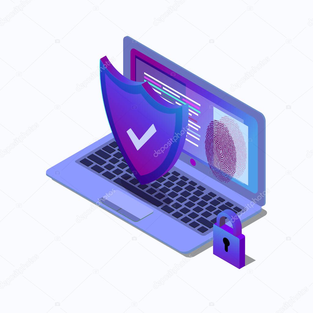 Cybersecurity isometric icon, data security concept, protected computer network, shield with laptop, safety cloud computing, data processing system, vector EPS