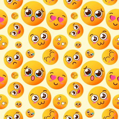 Tekstil, iç tasarım, kitap tasarımı, web sitesi arka planı için Kawaii 'nin neşeli ve mutlu gülümsemeleriyle kusursuz bir desen.