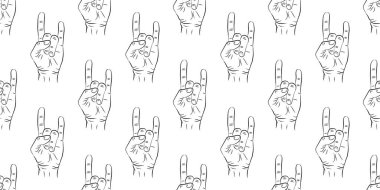 Elleri rock 'n roll işaretleri gösteren kusursuz desenler. Tasarımın için arka plan. Vektör illüstrasyonu EPS