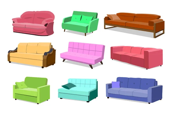 Conjunto de vetor colorido sofá. Coleção confortável sofá isolado no fundo branco para design de interiores. Coleção de sofá ilustração EPS —  Vetores de Stock