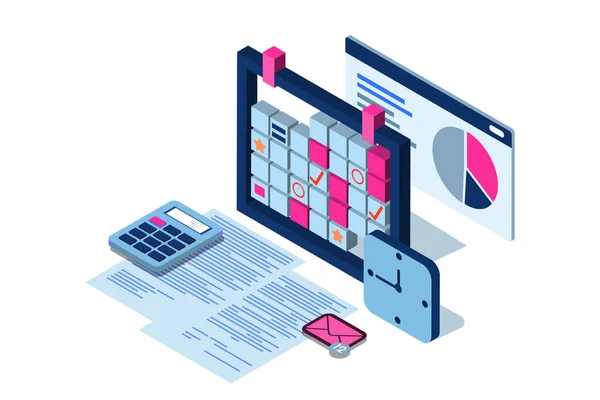 Gestion du temps, stratégie commerciale, concept de planification. Illustration isométrique vectorielle 3d de l'application mobile schedule. SPE — Image vectorielle