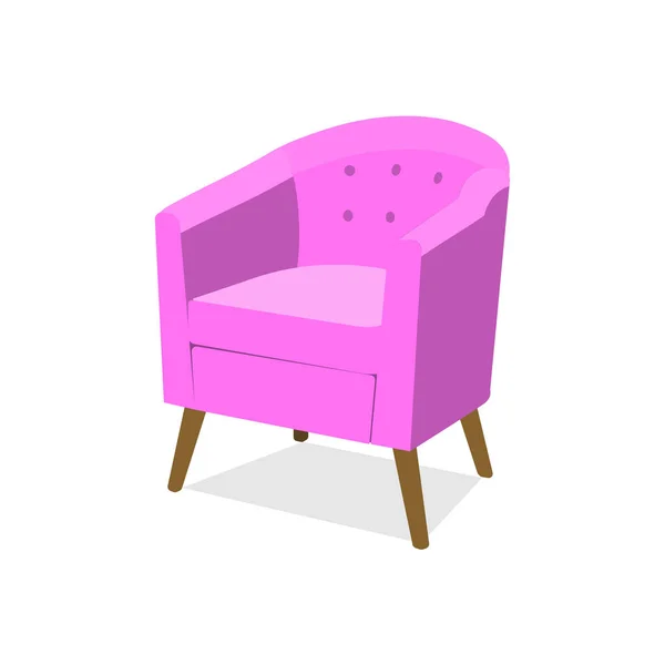 Elegante modello alla moda di poltrona in un colore rosa alla moda con braccioli su gambe in legno. Illustrazione vettoriale isolata di accogliente elemento interno in stile piatto cartone animato. EPS — Vettoriale Stock