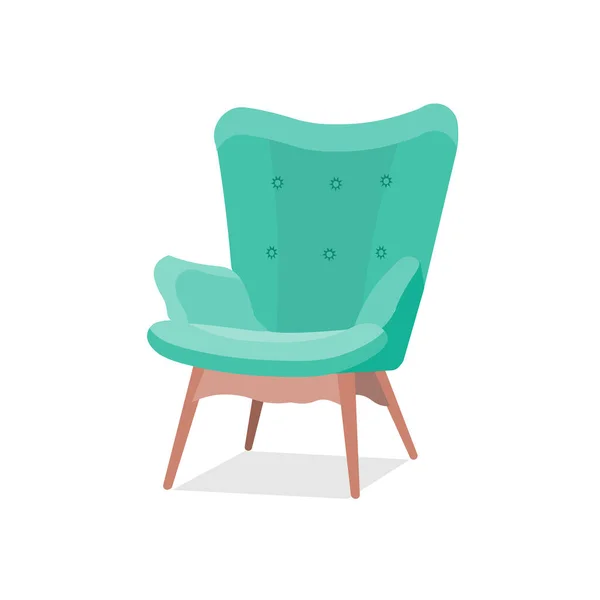 Elegante modelo de moda de un sillón en un color verde de moda con reposabrazos en patas de madera. Ilustración vectorial aislada de acogedor elemento interior en estilo plano de dibujos animados. EPS — Archivo Imágenes Vectoriales