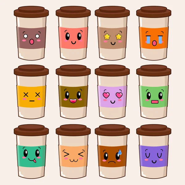 Cute happy funny Kaffeetassen-Set Kollektion. Vereinzelt auf weißem Hintergrund. Vektor Zeichentrickfigur Illustration EPS — Stockvektor