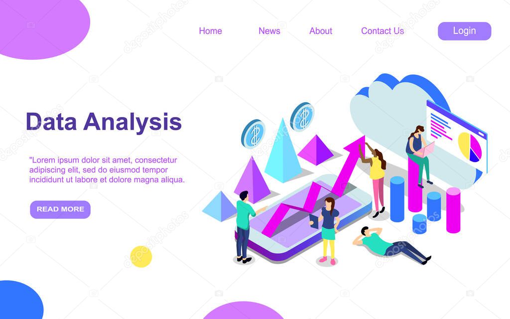 Data analysis modern flat design isometric concept. Analytics and people concept. Landing page template. Conceptual isometric vector illustration for web and graphic design. EPS