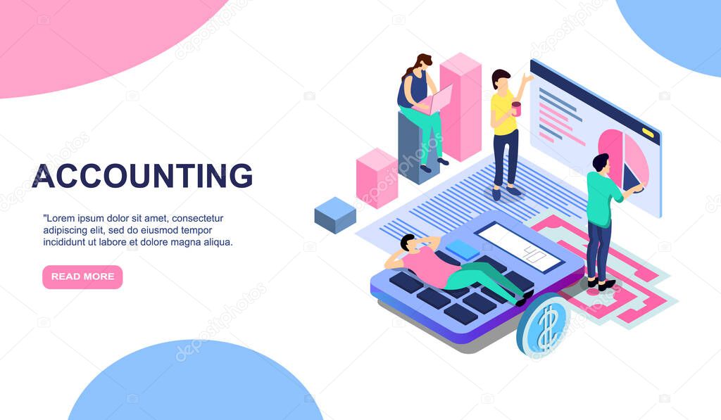 Tax payment time, financial annual accounting business concept . Vector 3d isometric illustration for web landing page, banner or poster design. Man calculates taxes rate. EPS