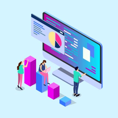 Mobil rapor analiz aracı uygulama düz 3d izometri izometrik iş konsepti web vektör çizimi. Turta tabletinin üzerinde duran iş adamları. Yaratıcı insanlar EPS koleksiyonu