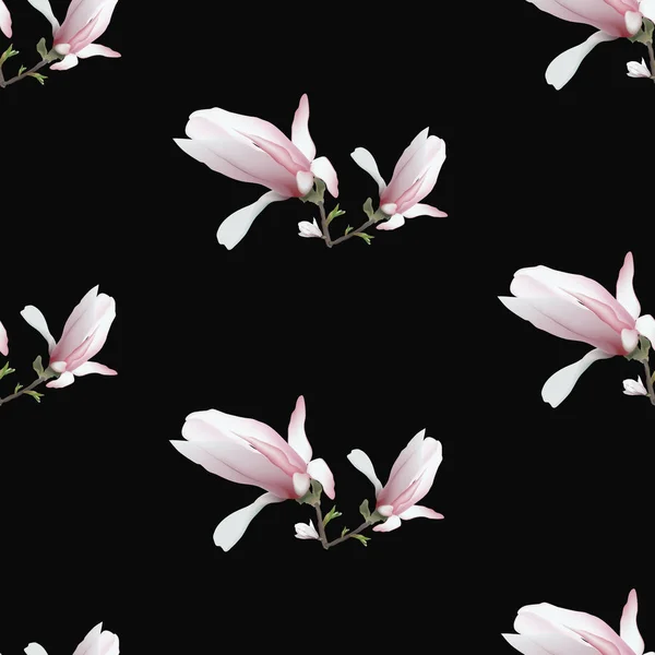 realistic Magnolia flower isolated on black background. Magnolia branch is a symbol of spring, summer, feminine charm, femininity in the style of realism. seamless pattern, background for  graphic design.