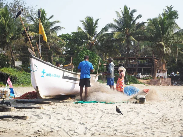 Goa Inde 2020 Les Pêcheurs Chargent Les Filets Pêche Dans — Photo