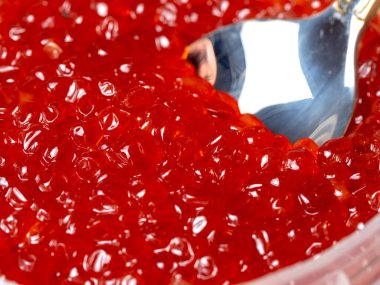 Parlak kırmızı havyar, içine metal kaşık batırılmış somon balığı. Lüks doğal lezzet.