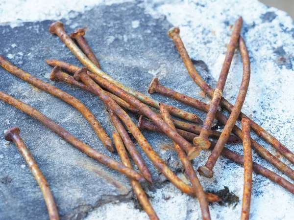 Eski paslı virajlı çiviler beton bir kazıkta yatıyor.