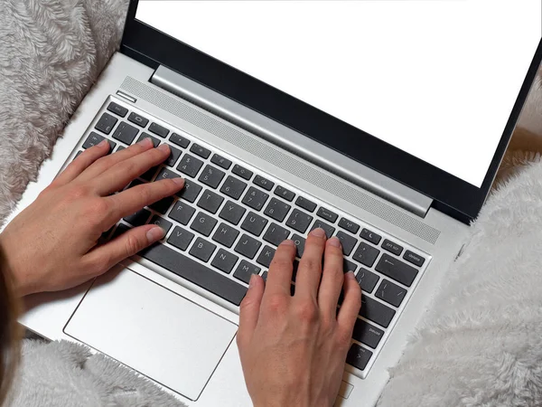 Girl Holding Silver Laptop Her Lap Mockup Laptop Screen Concept — Stock Photo, Image