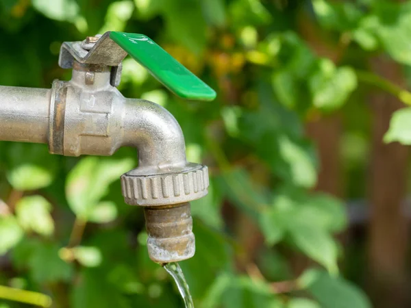 open water faucet or tap with flowing water in blur garden background