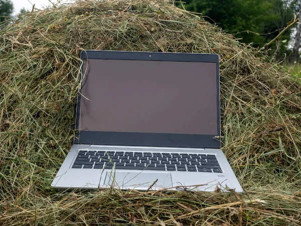 Open Silver Laptop Lying Haystack Close Modern Technologies Rural Areas — Stock Photo, Image